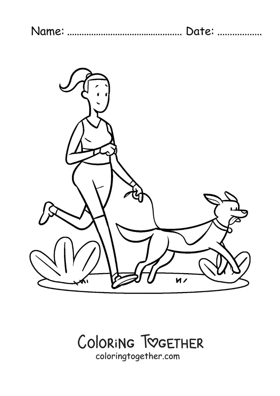Coloring page of a girl jogging with her dog in the park