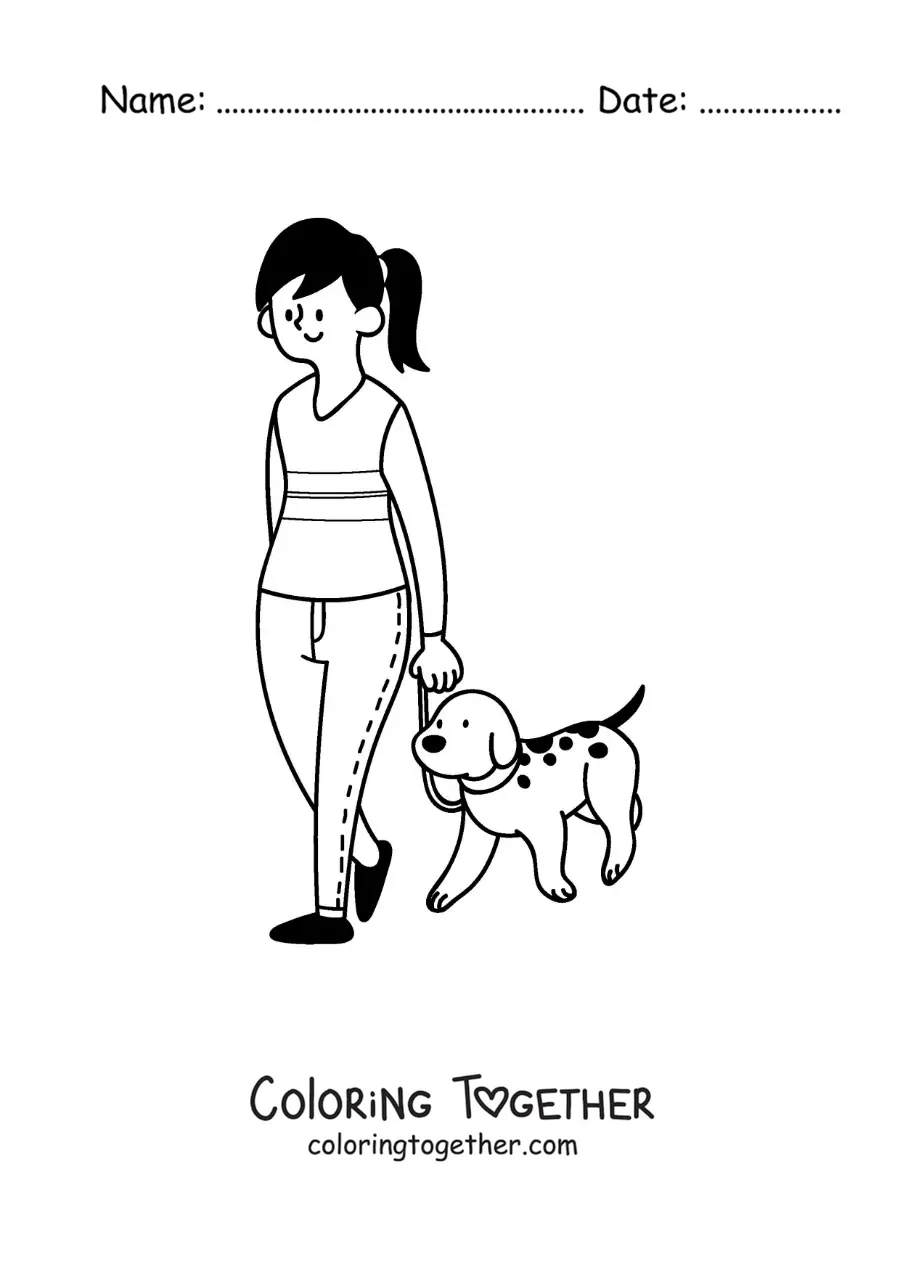 Coloring page of a girl walking her dog
