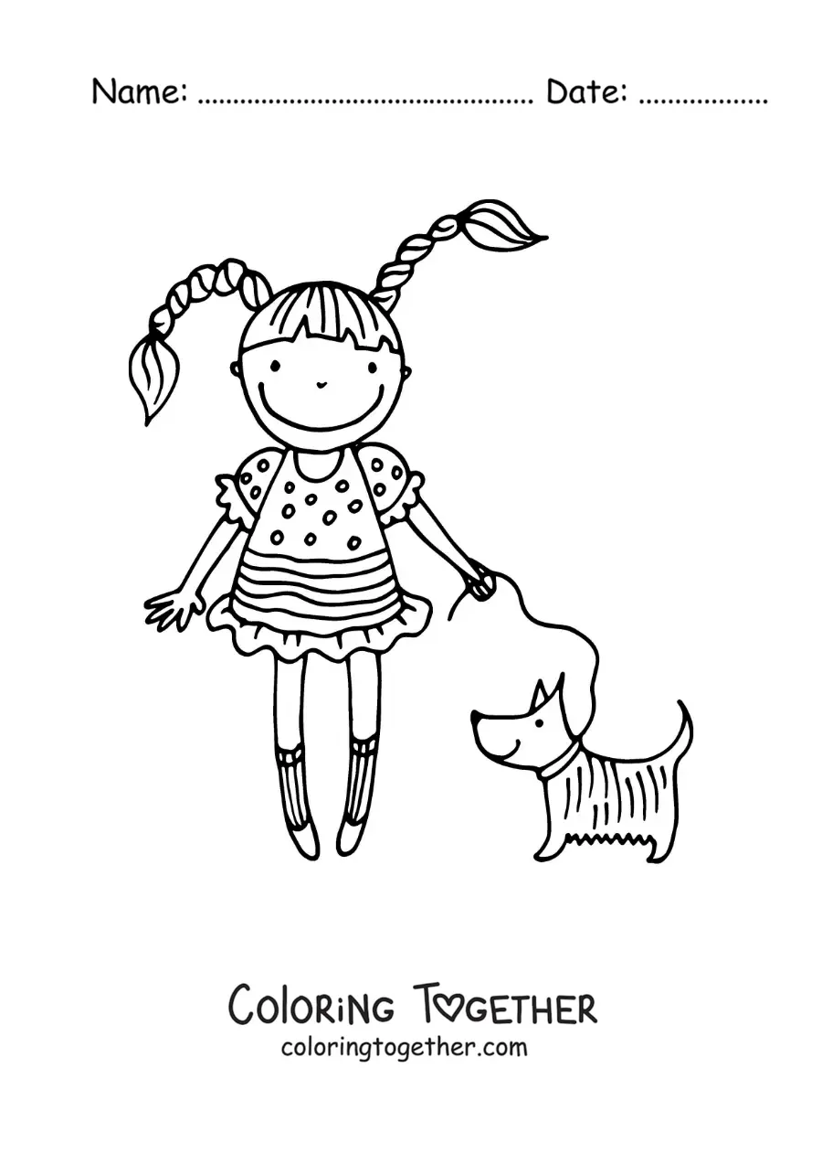 Coloring page of a cartoon of a girl walking her dog