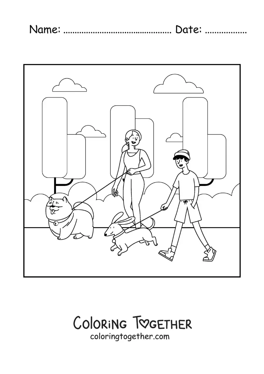 Coloring page of a girl and a boy walking their dogs in the park