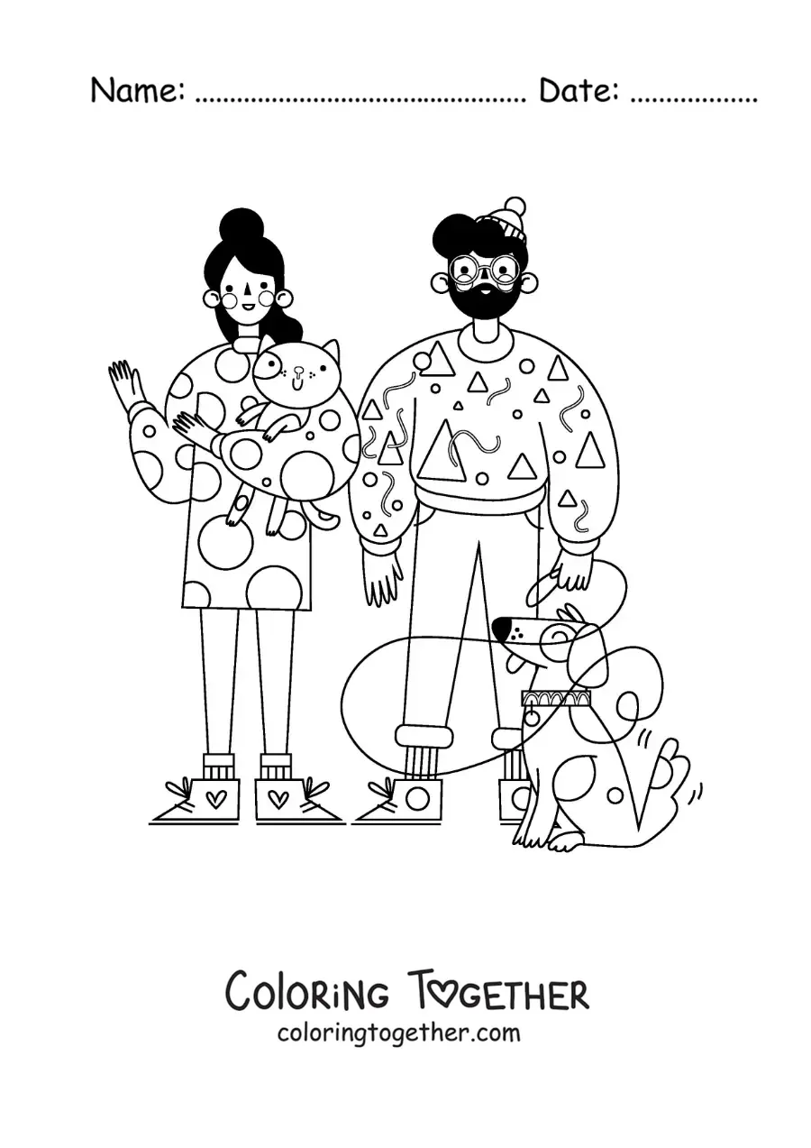 Coloring page of a couple with their cat and their dog on a leash