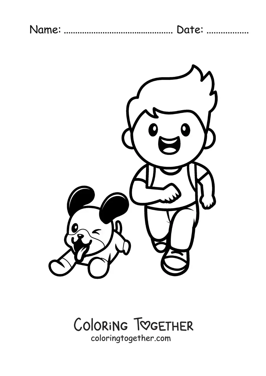 Coloring page of a boy running with his kawaii dog