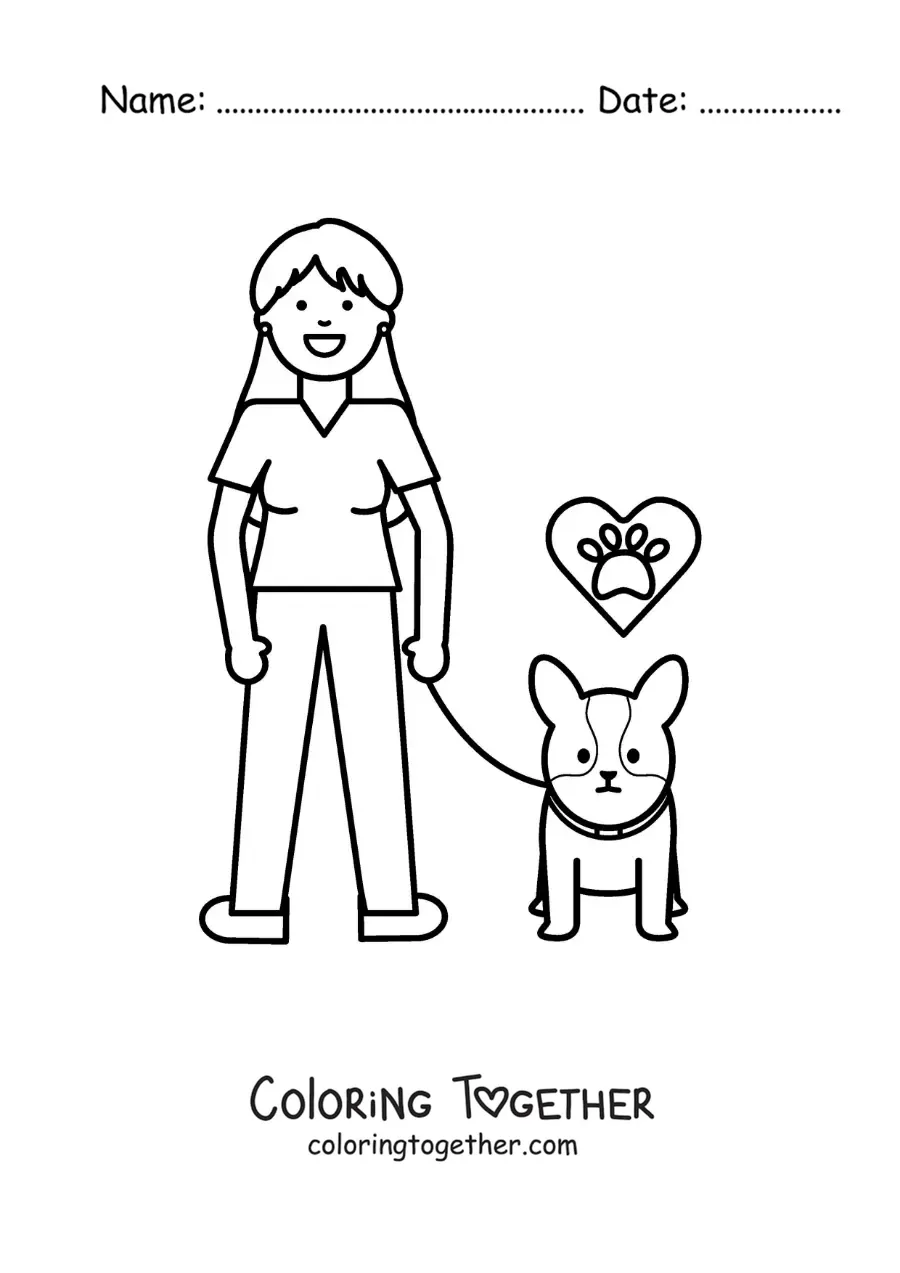 Coloring page of a girl walking her little dog on a leash