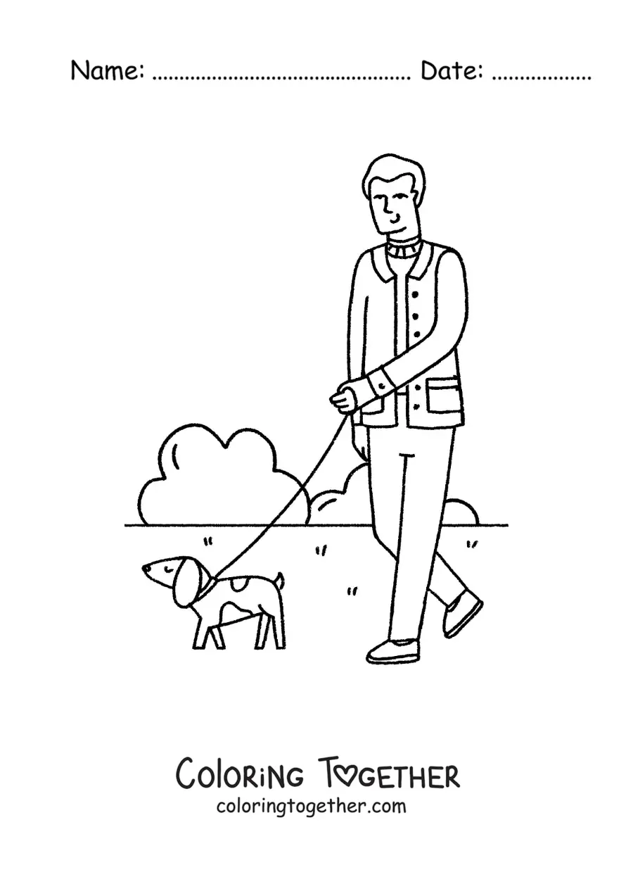 Coloring page of a man walking his dog in the park