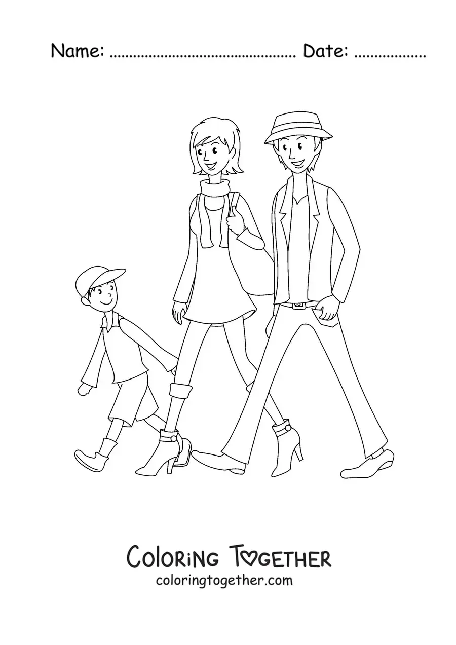 Coloring page of a family out for a walk