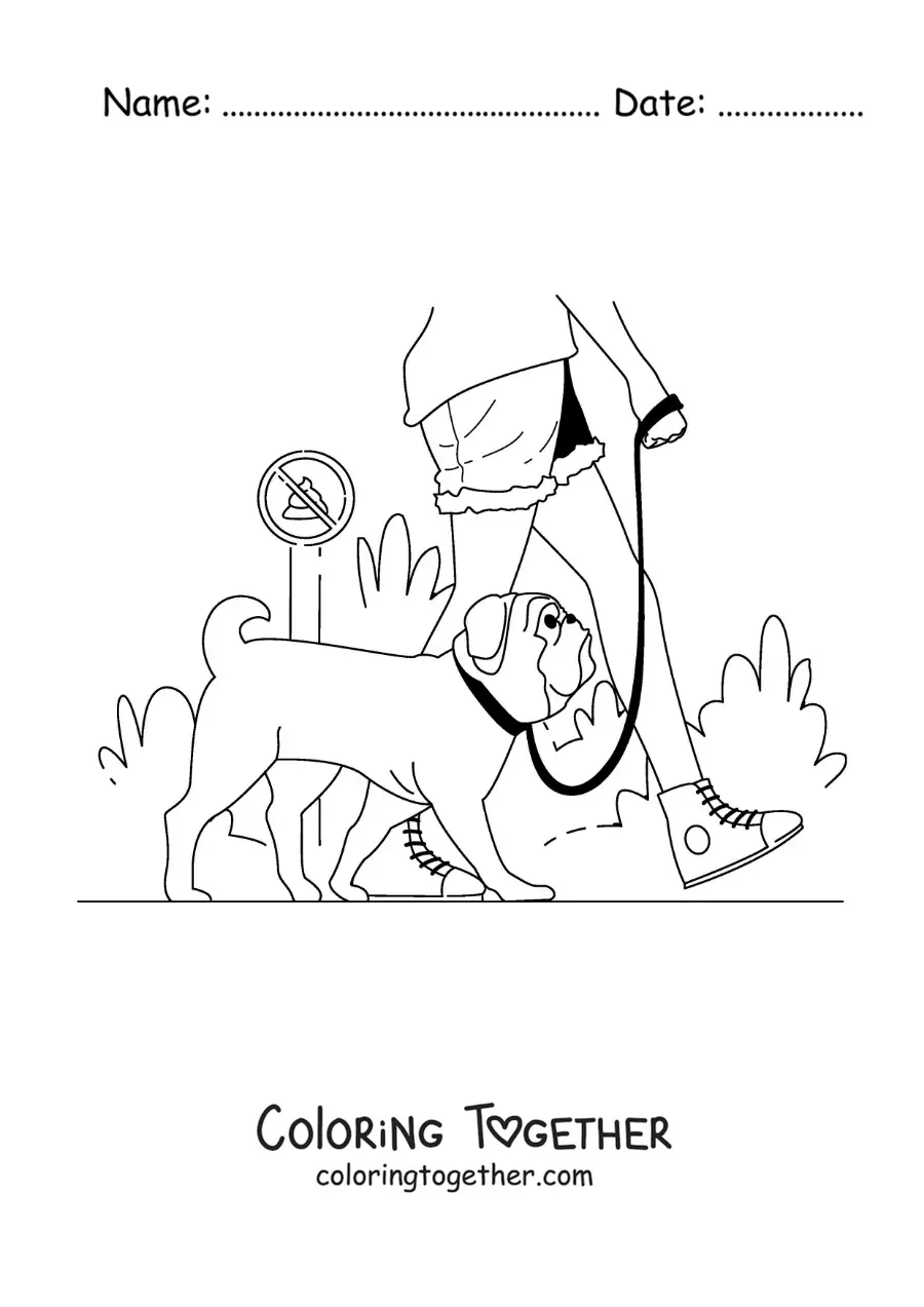 Coloring page of a girl walking her dog through the park