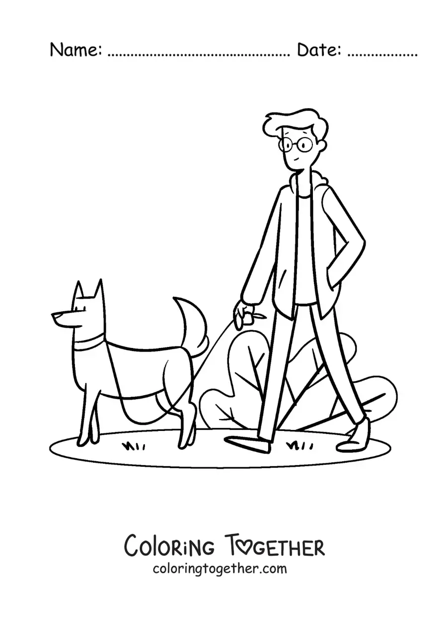 Coloring page of a young man taking his dog for a walk in the park