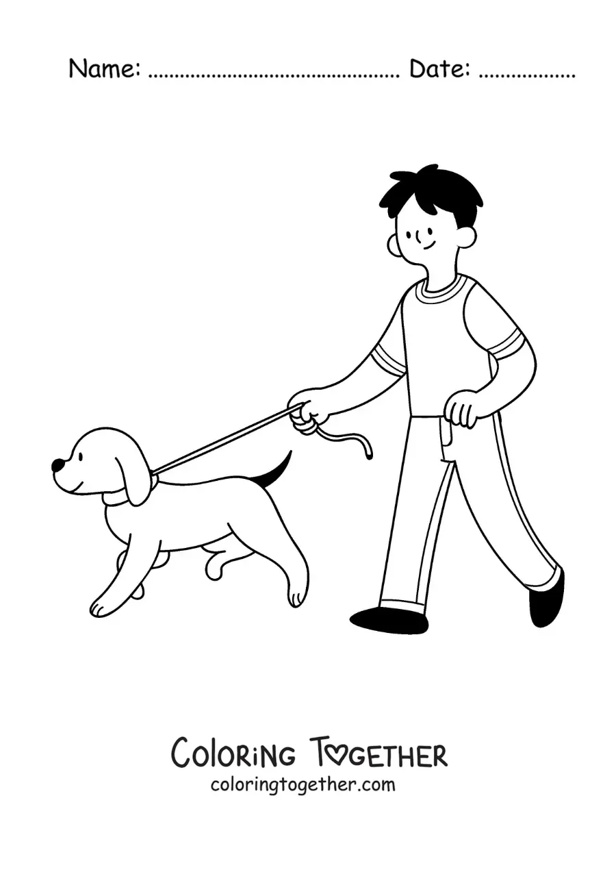 Coloring page of a boy taking his dog for a walk on a leash
