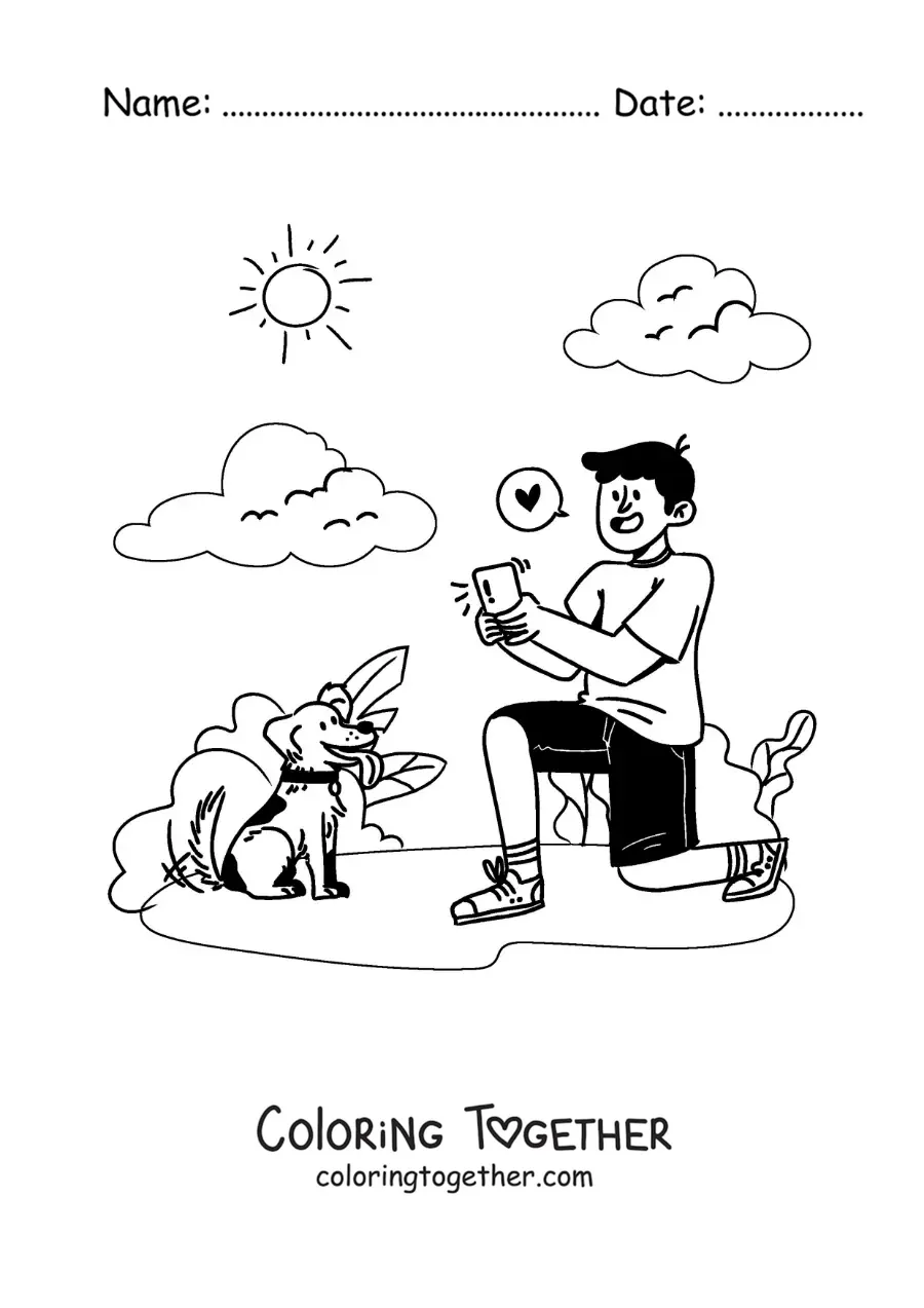Coloring page of a boy taking photos of his dog on a walk