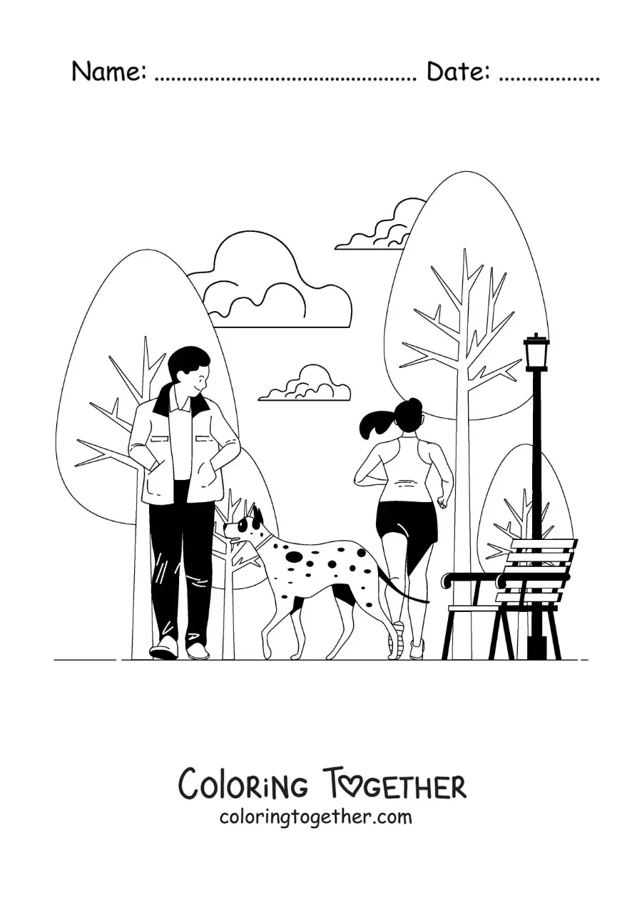 Coloring page of a man walking with his dog in the park