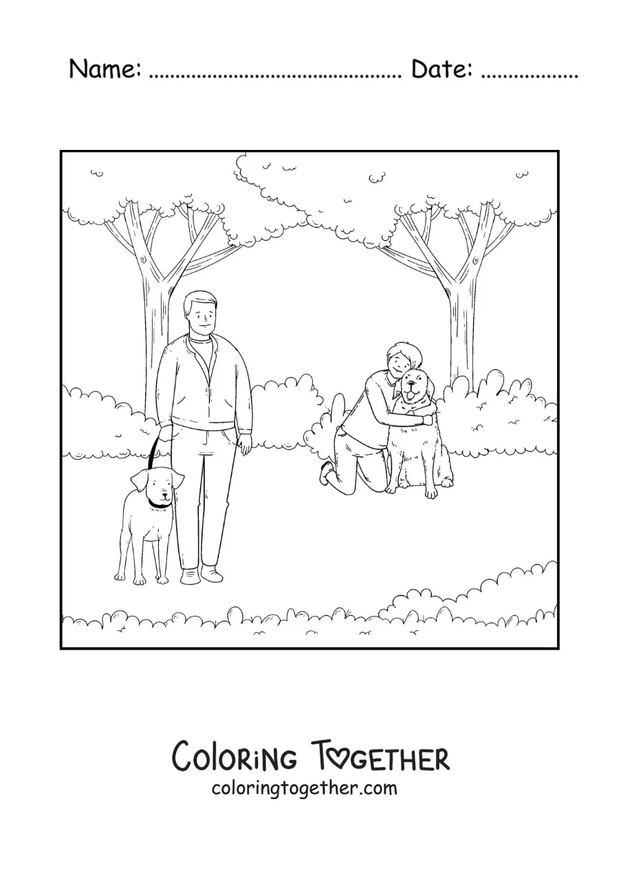 Coloring page of several people walking with their dogs in the park