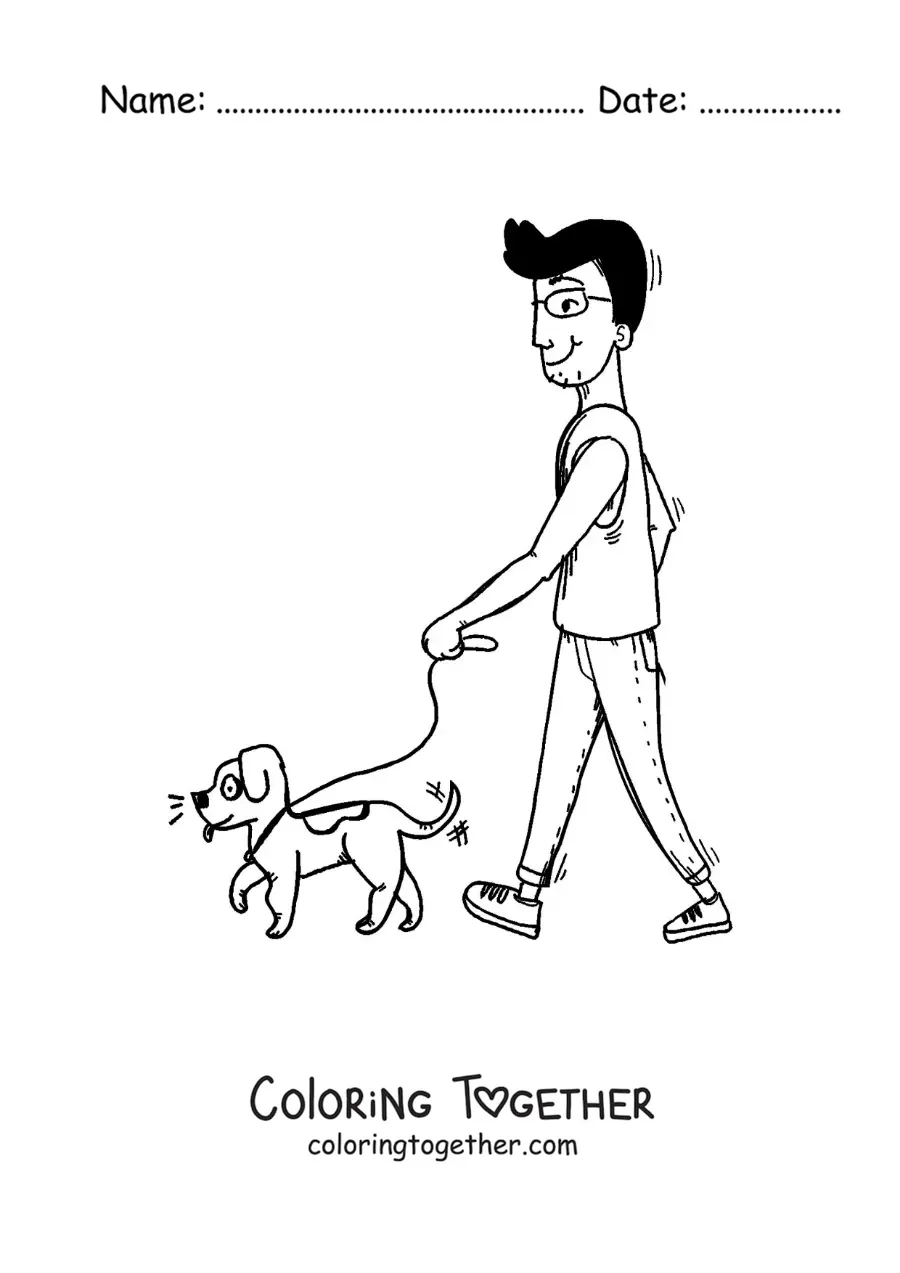 Coloring page of a cartoon of a man walking his dog