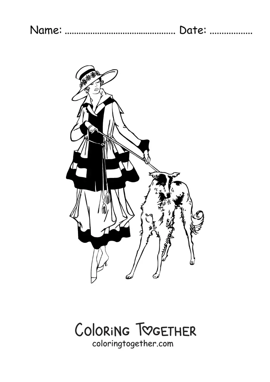Coloring page of an elegant girl out walking with her dog