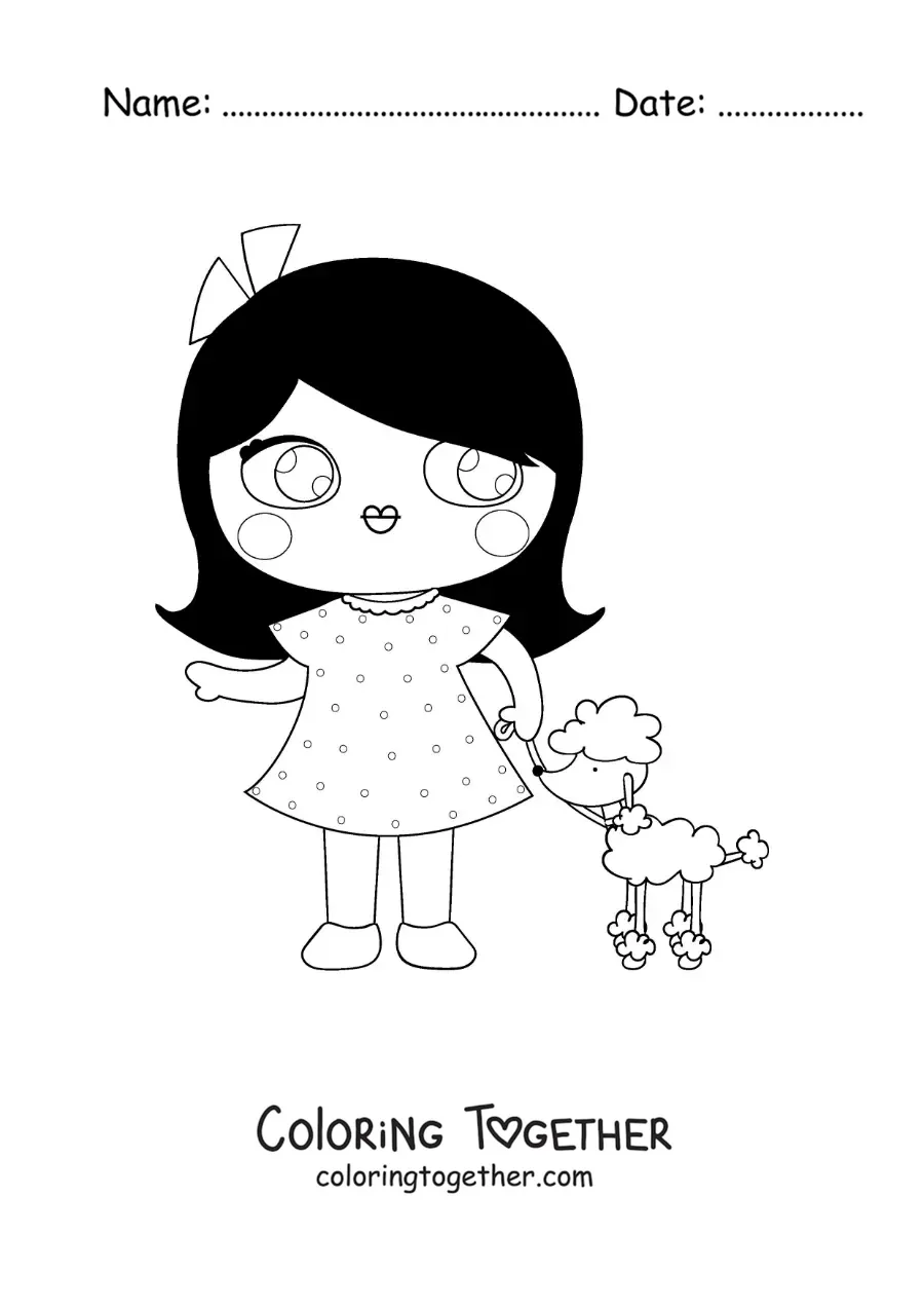 Coloring page of an animated doll walking her little dog