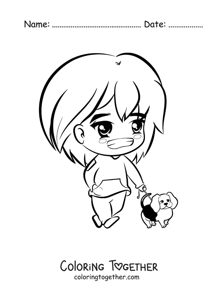 Coloring page of a kawaii girl walking her dog