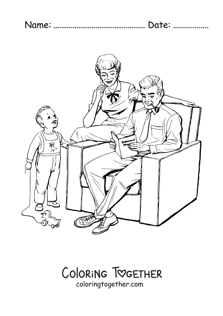 Coloring page of a vintage-style family