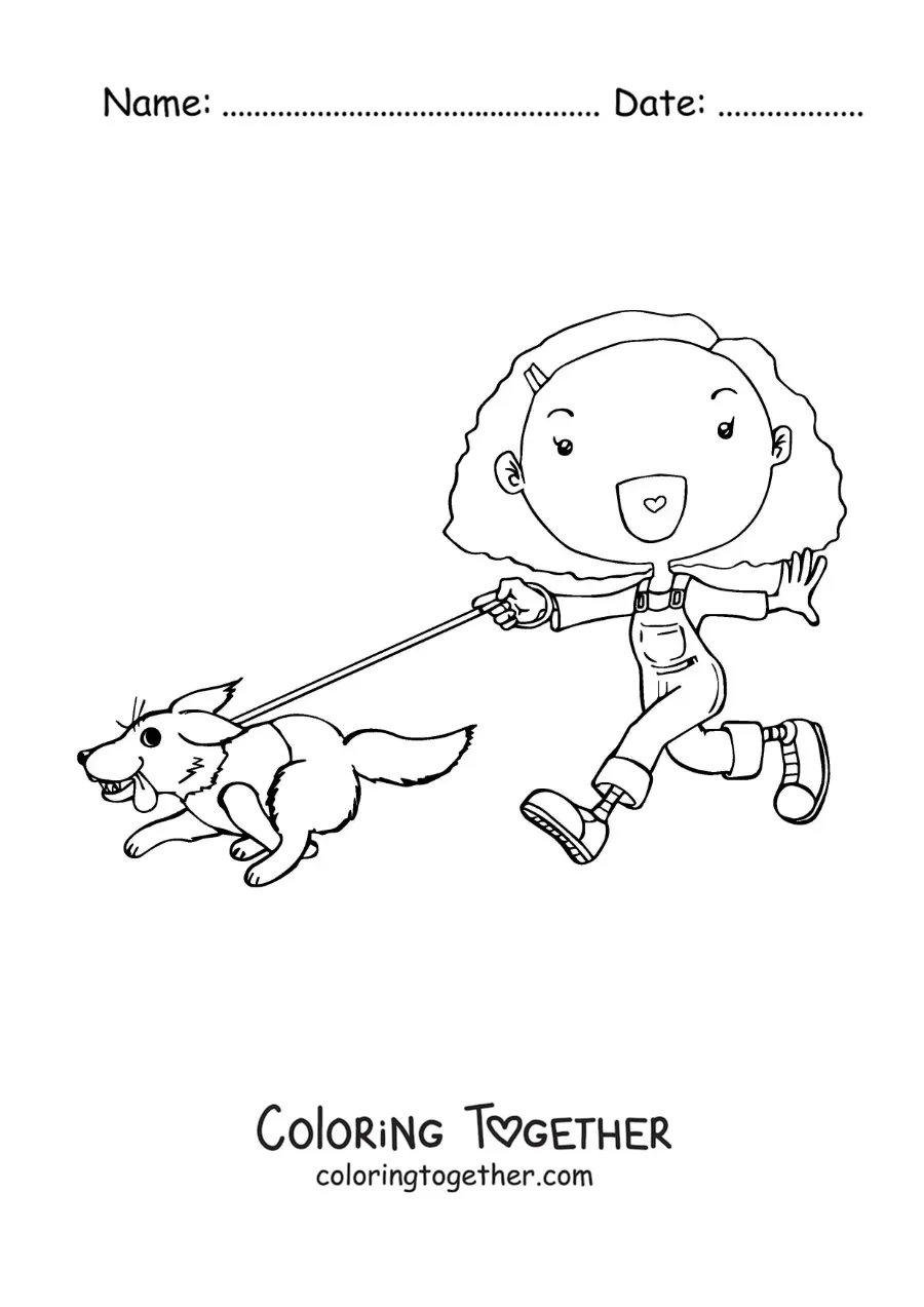 Coloring page of an animated girl walking her dog