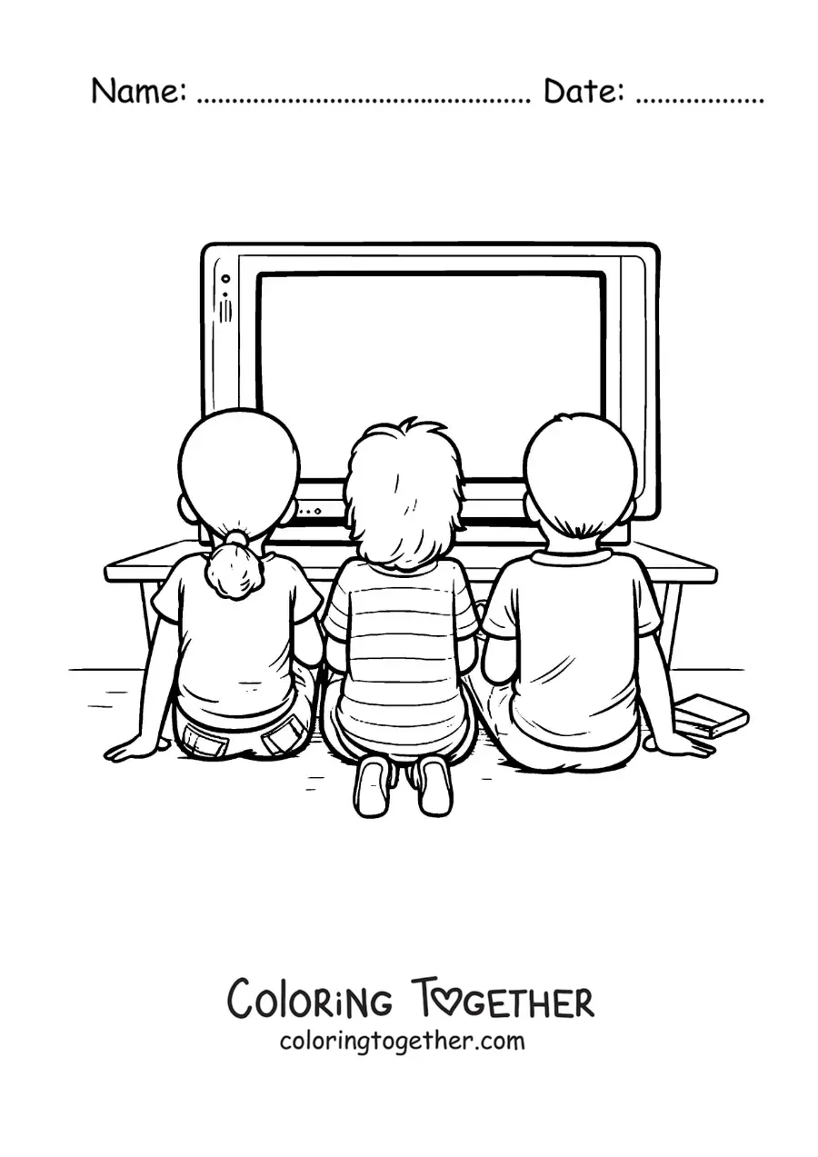 Coloring page of children sitting in front of the television