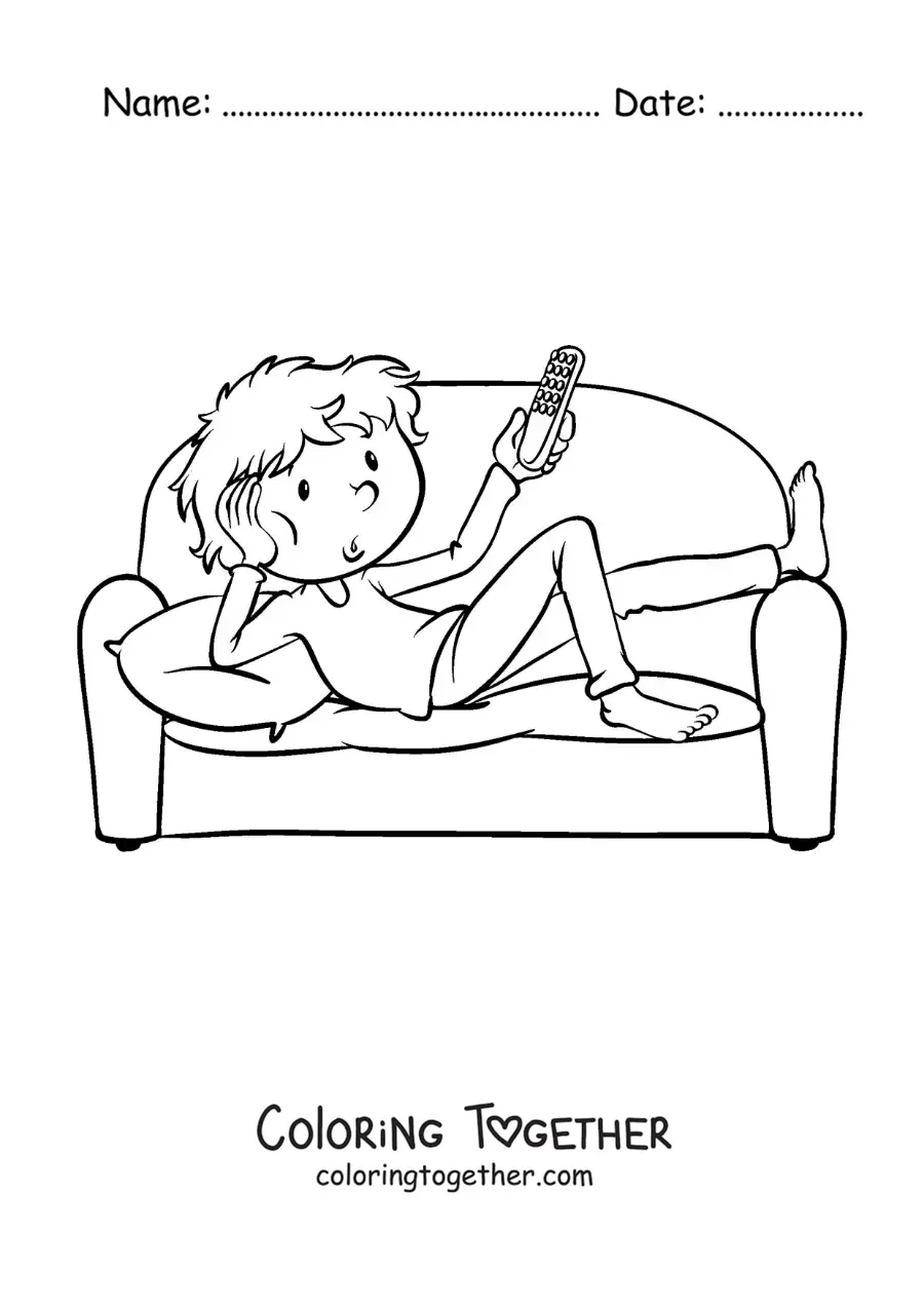 Coloring page of a boy lying on the sofa with the TV remote