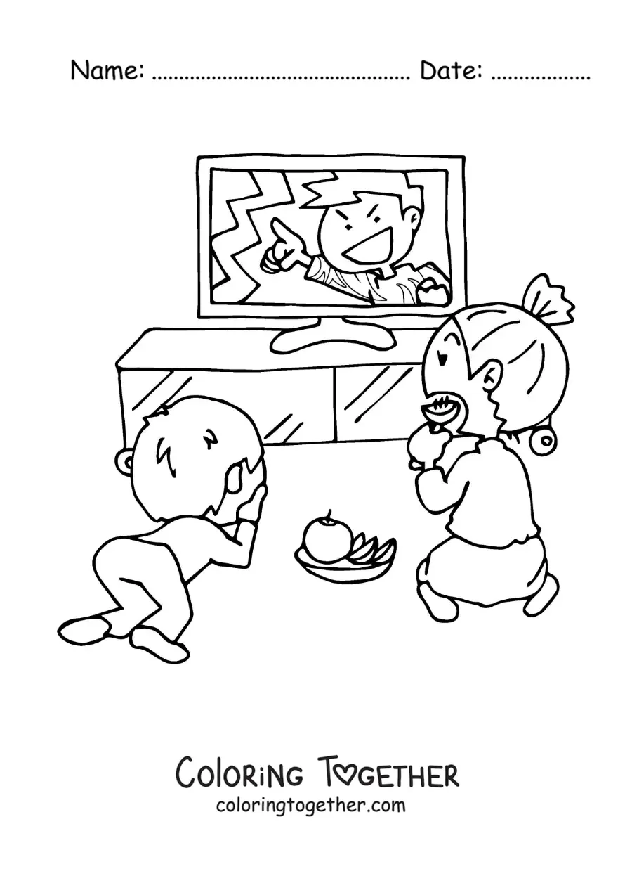 Coloring page of two children eating fruit and watching television