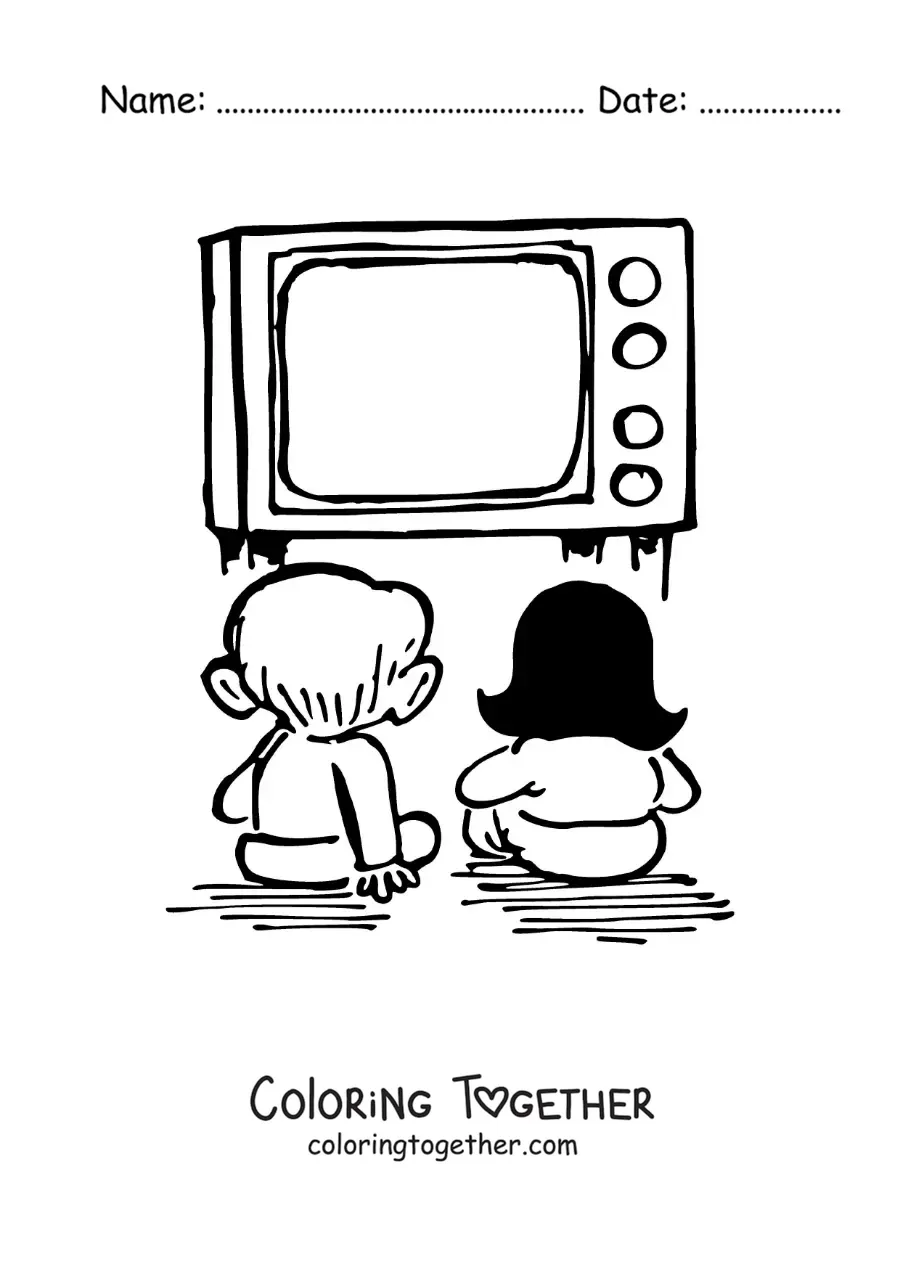 Coloring page of a cartoon of two children watching television