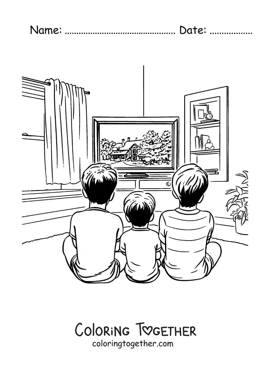 Coloring page of children sitting and watching TV