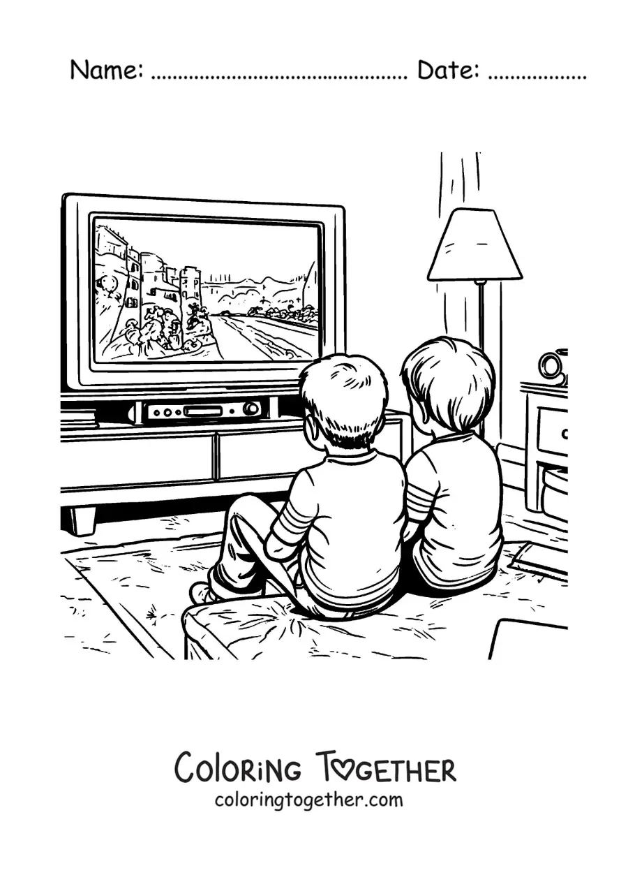 Coloring page of two friends watching TV