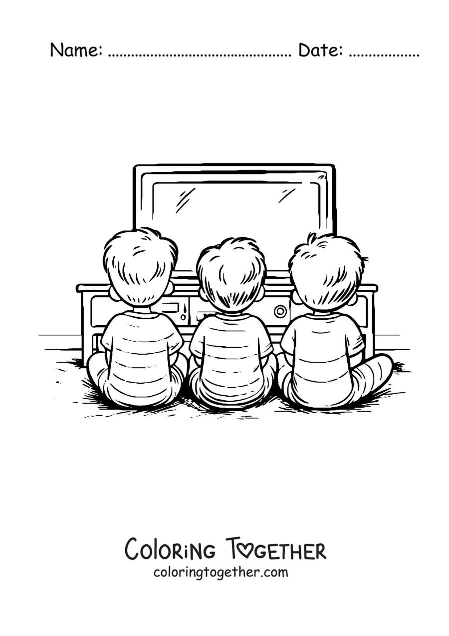 Coloring page of three siblings watching television