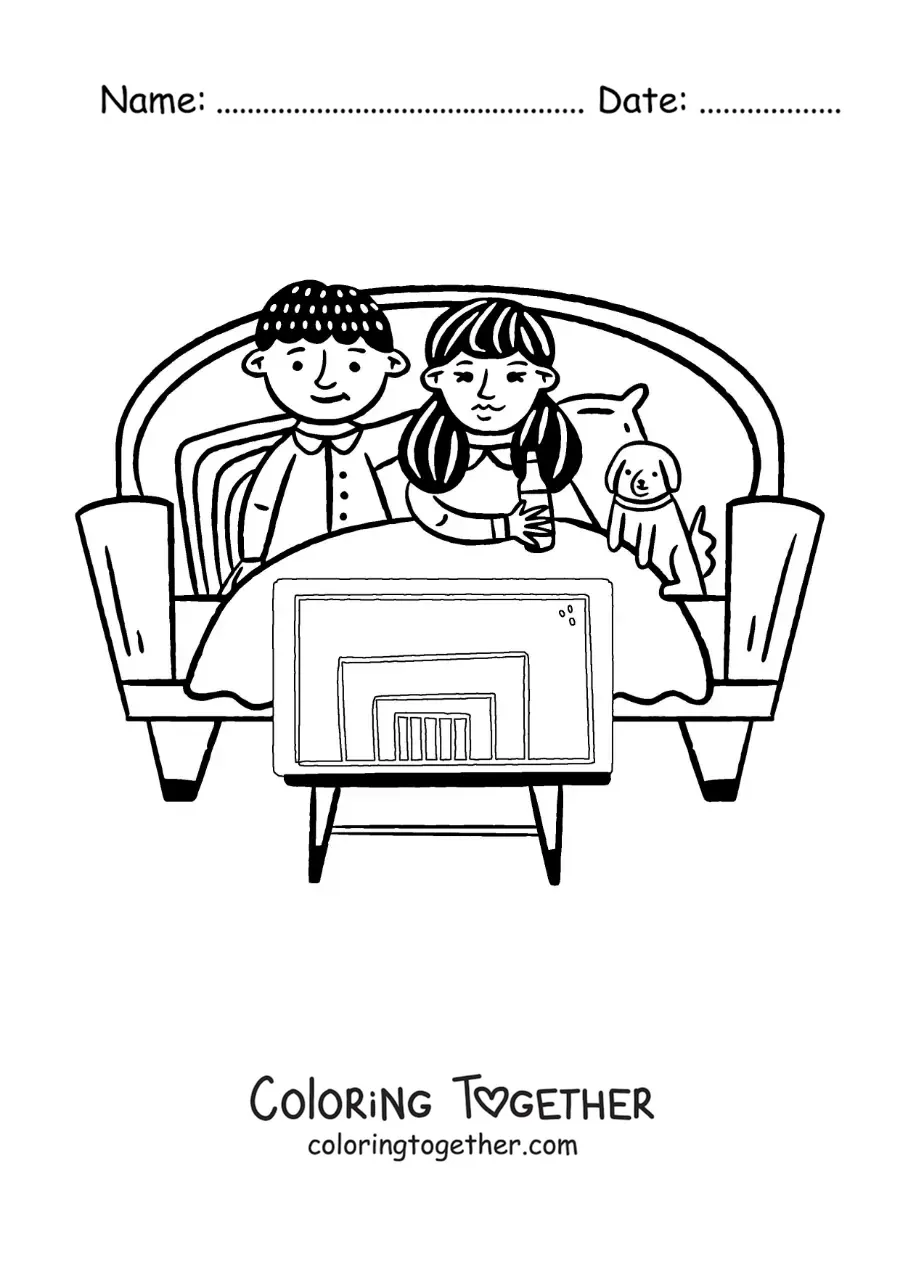 Coloring page of a couple watching movies on TV on the sofa