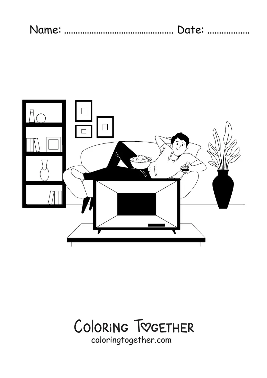Coloring page of a boy watching movies on TV eating popcorn