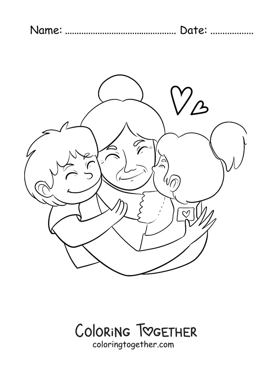 Coloring page of a grandma hugging her two grandchildren