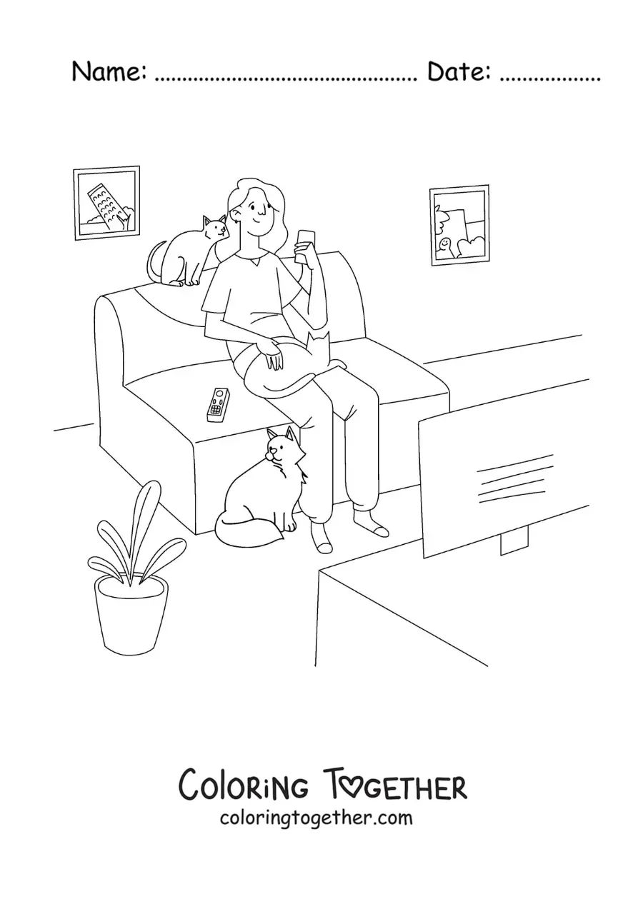 Coloring page of a girl watching TV at home with her cats