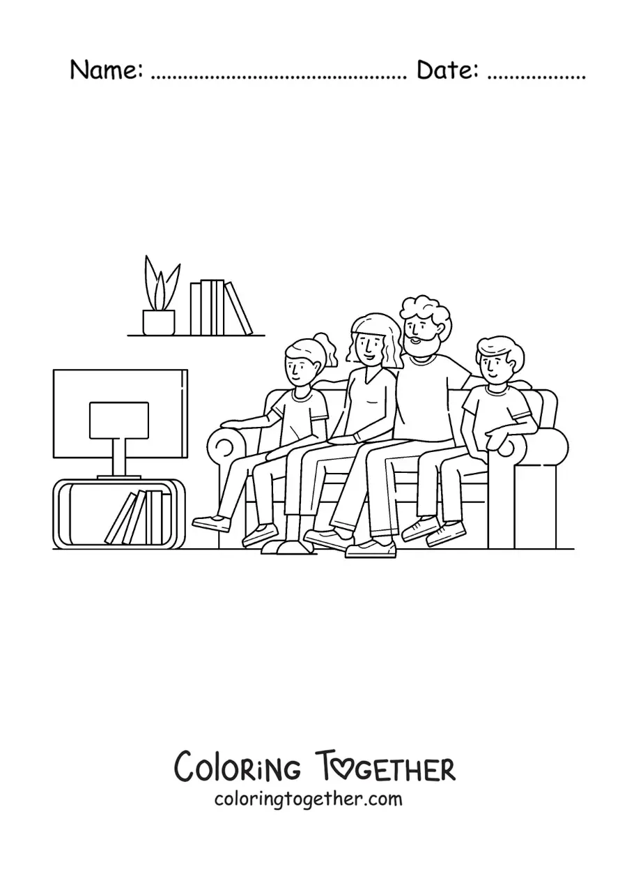 Coloring page of a family watching television at home
