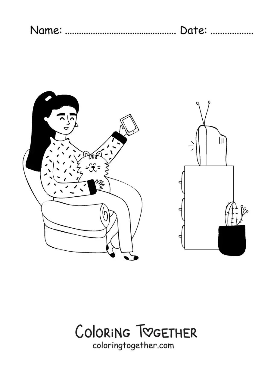 Coloring page of a girl watching television with her cat