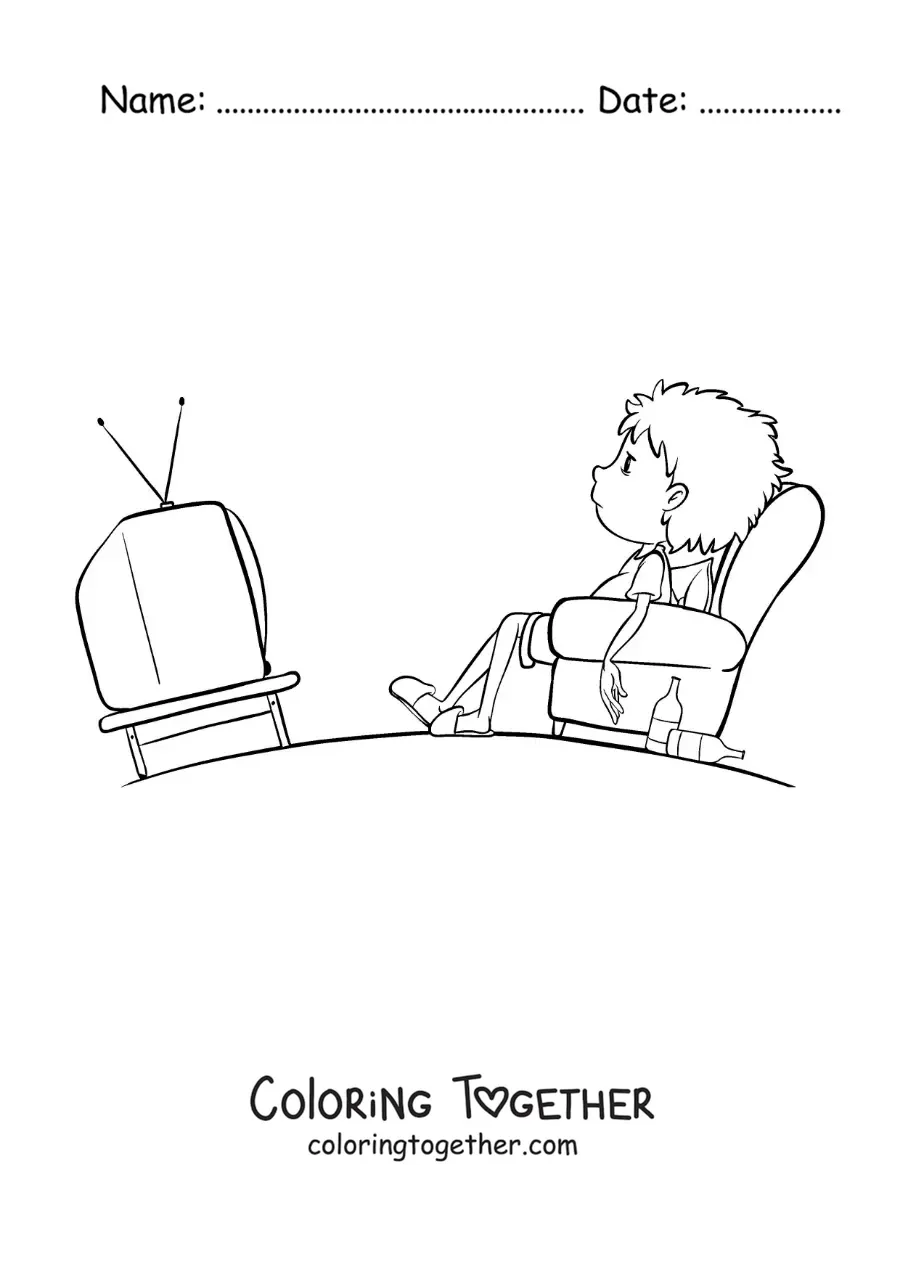 Coloring page of a boy watching television on the sofa