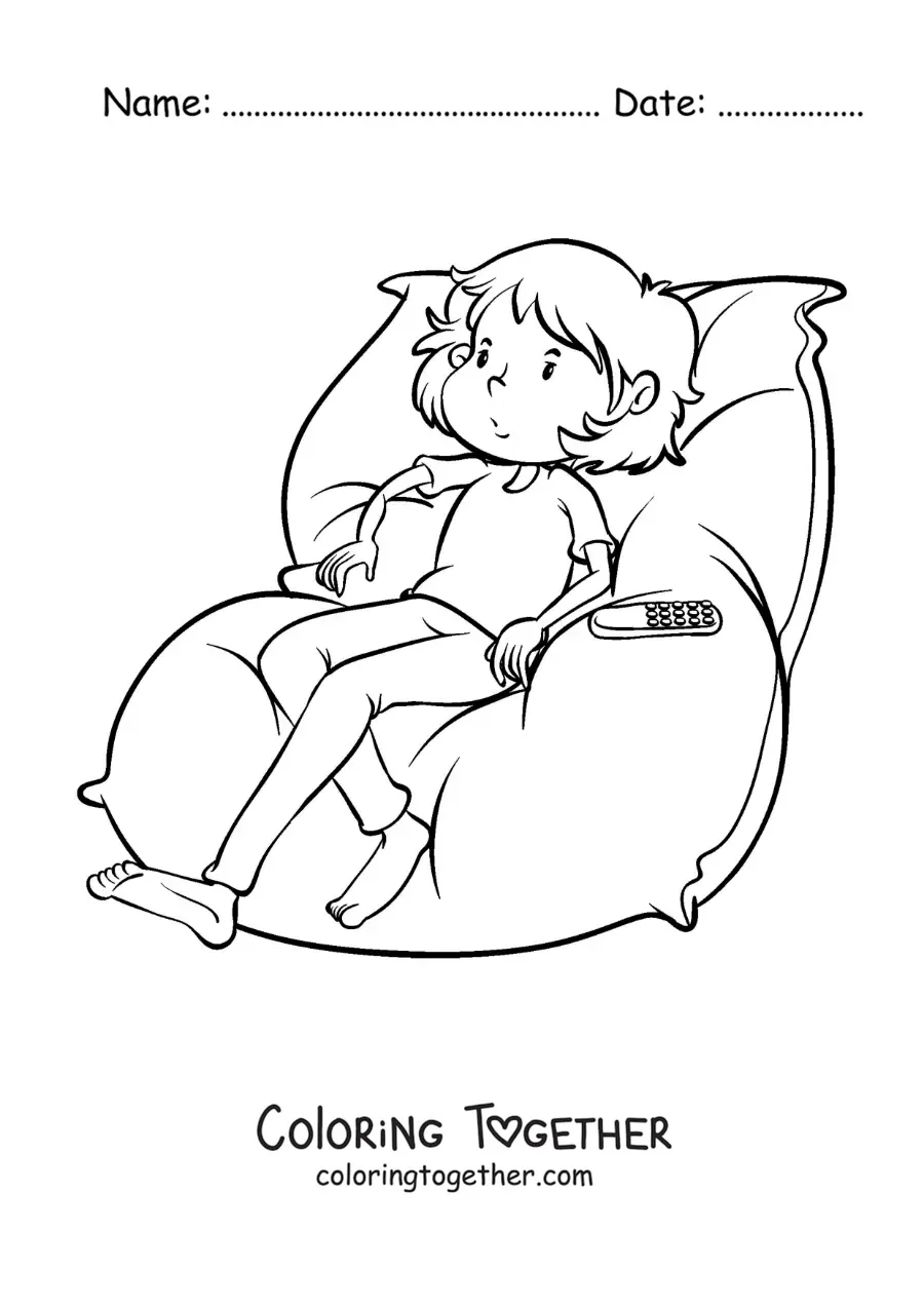 Coloring page of a boy sitting and watching TV