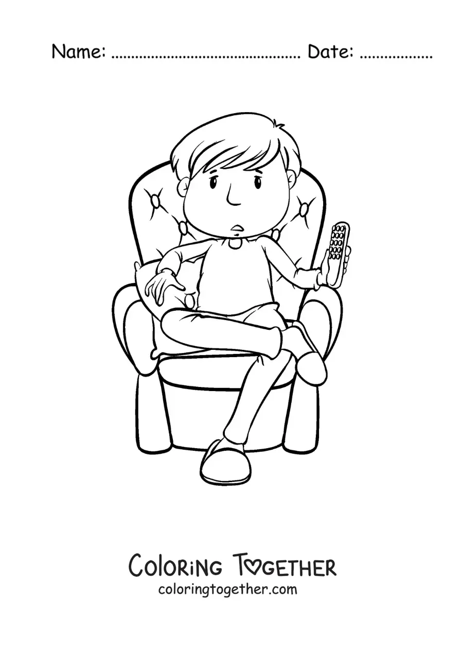 Coloring page of a boy sitting with the TV remote