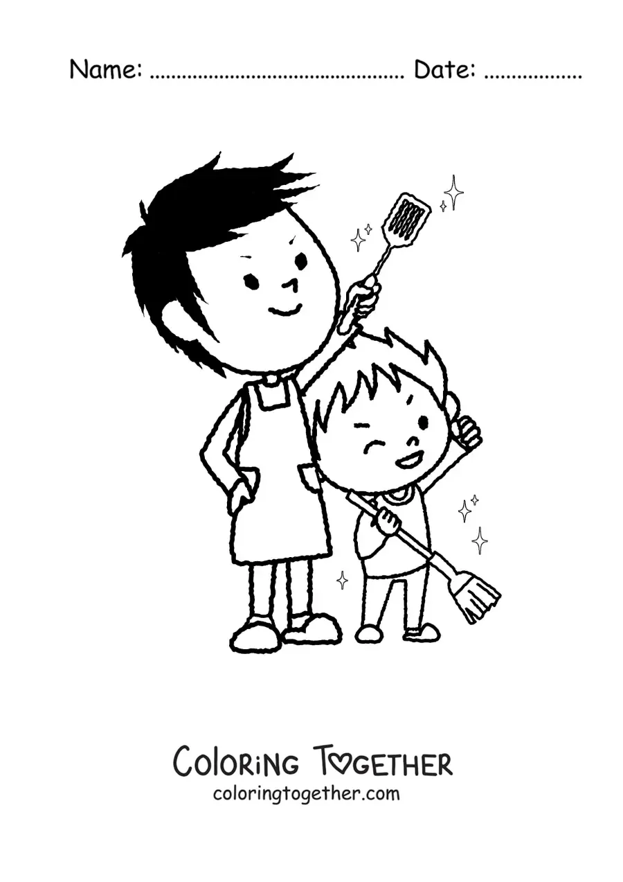 Coloring page of a boy helping his dad clean the house