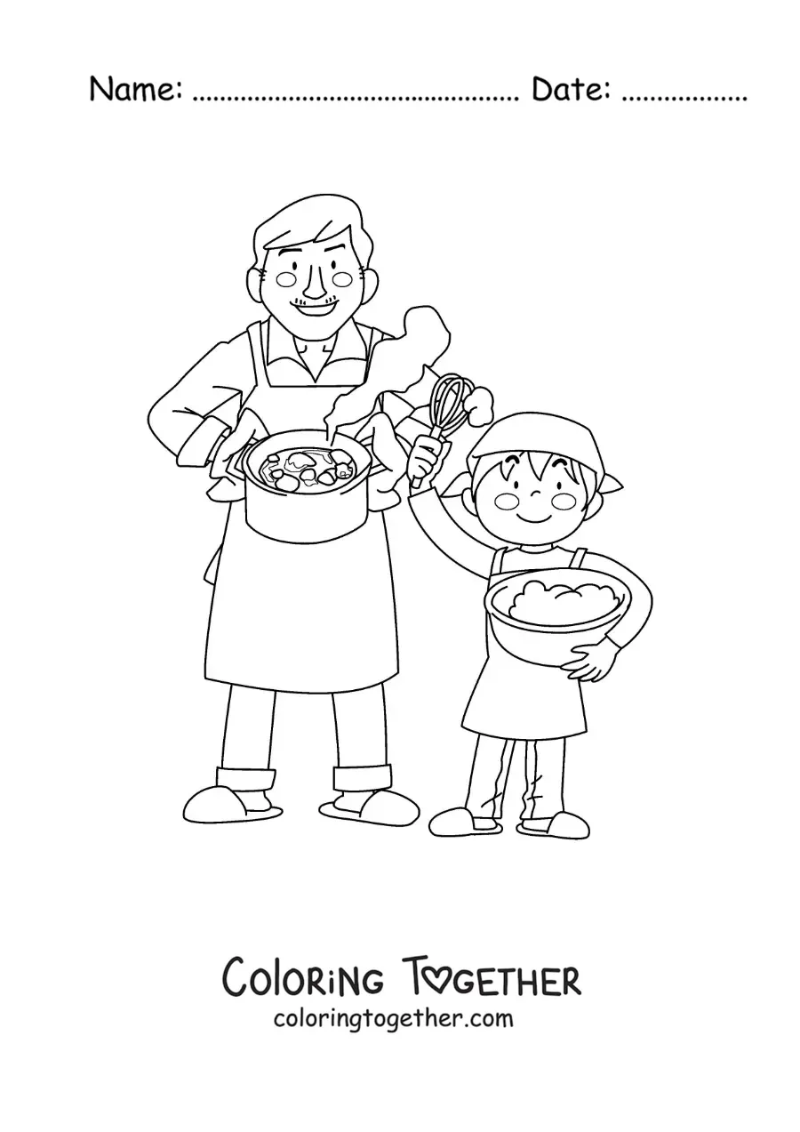 Coloring page of a boy helping his dad cook at home