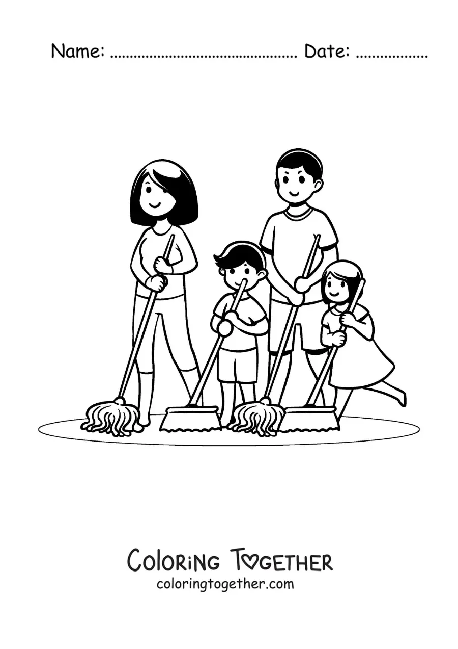 Coloring page of a family cleaning the house