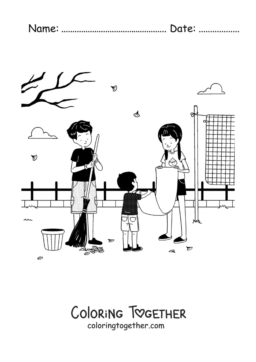 Coloring page of children helping their mother tidy up the yard