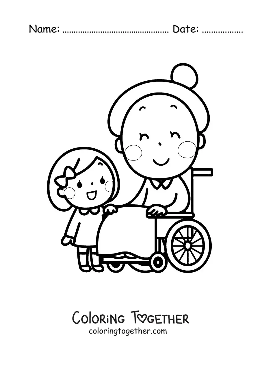 Coloring page of a kawaii grandma sitting next to her granddaughter who is standing