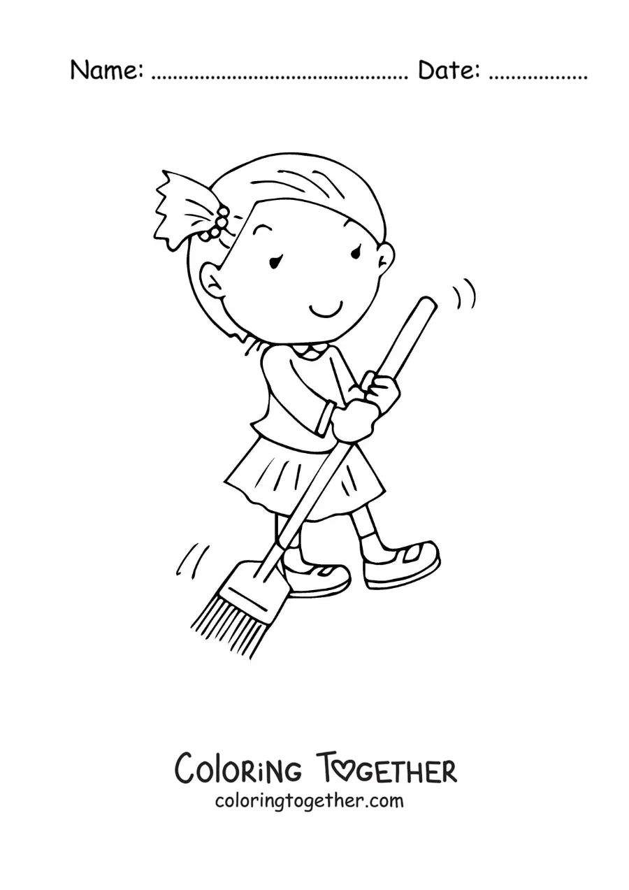 Coloring page of a girl helping to sweep at home