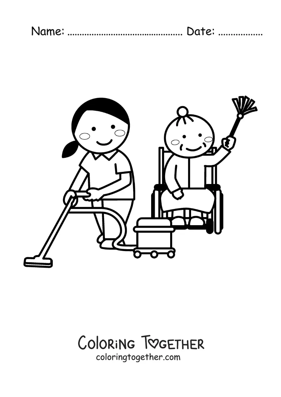 Coloring page of a girl and a grandmother cleaning the house