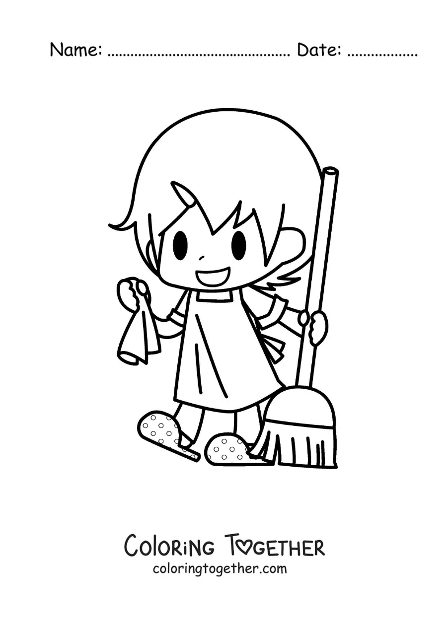 Coloring page of a kawaii girl with a broom to clean the floor