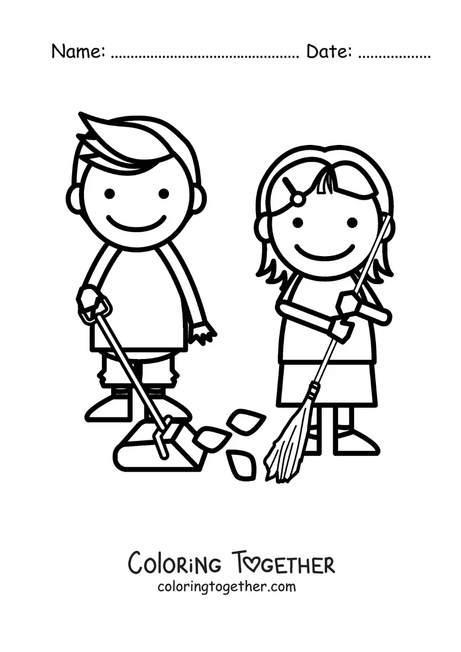 Coloring page of two children sweeping at home