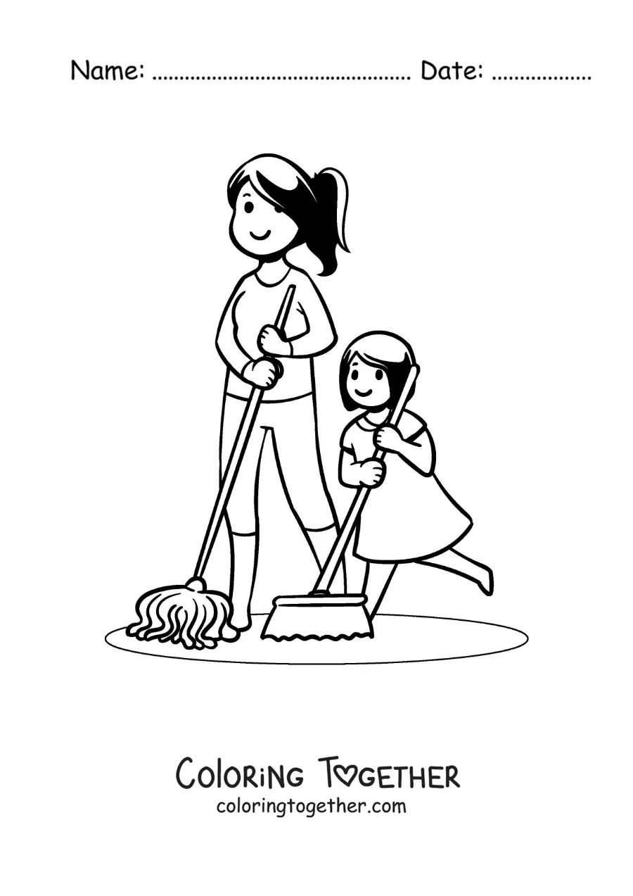 Coloring page of a mother and her daughter sweeping the floor