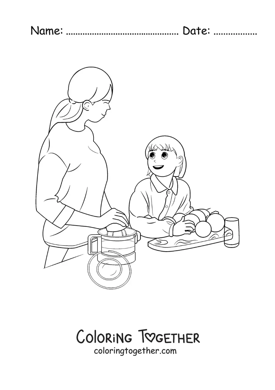 Coloring page of a mother and her daughter cooking