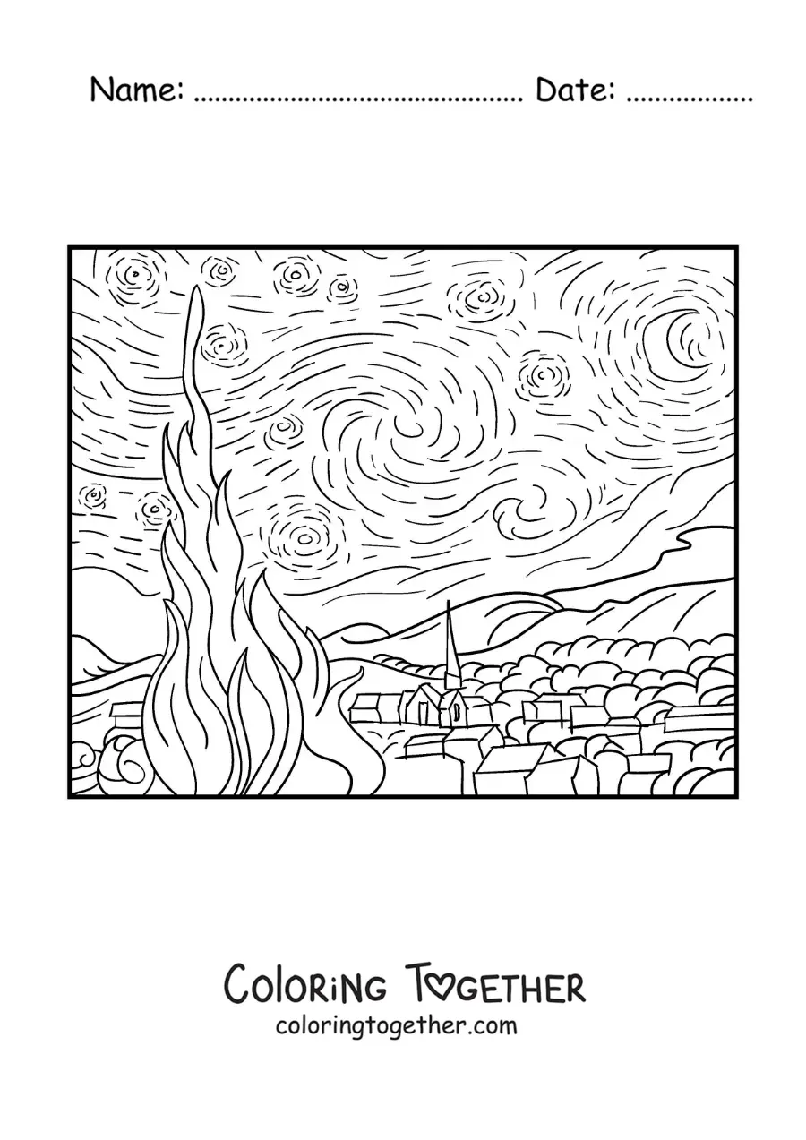 Coloring page of The Starry Night by Van Gogh