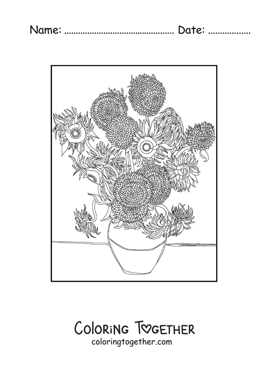 Coloring page of the sunflowers by Van Gogh